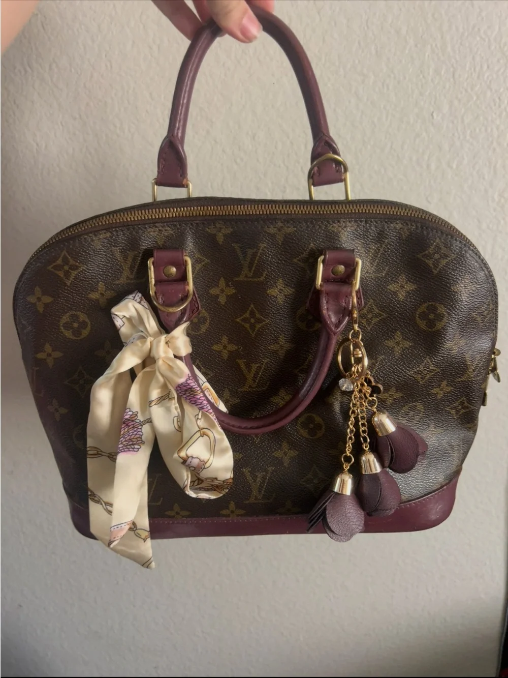 Louis Vuitton Brown Monogram Satchel with Burgundy Trim and Gold Hardware